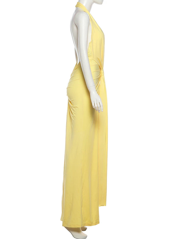 Satin Maxi Dress with V-Neck, Pleats, and Open Back - Shannon