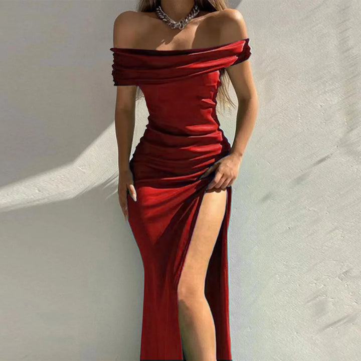 Maxi Satin Dress with Off-Shoulder Design and Slit - Harmoni