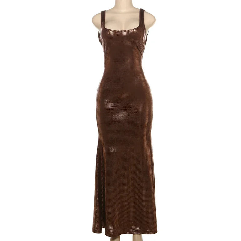 Fitted Maxi Dress with Sparkling Square Embellishment and Open Back Design - Genesis