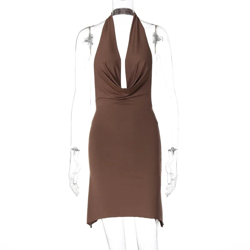 Mini Dress with Deep Draped Neckline and Asymmetric Design - Coral