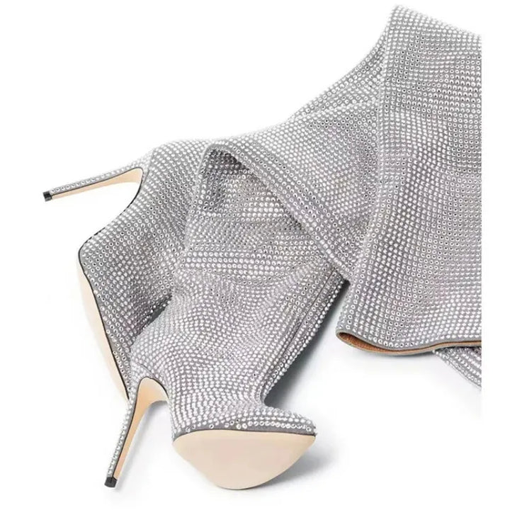 High Pointed Heel Boots with Sparkling Rhinestone Design - Josie