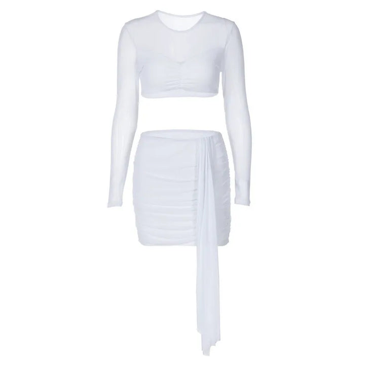 Two-piece set mini ruched skirt with train and mesh top with ruching design - Britney