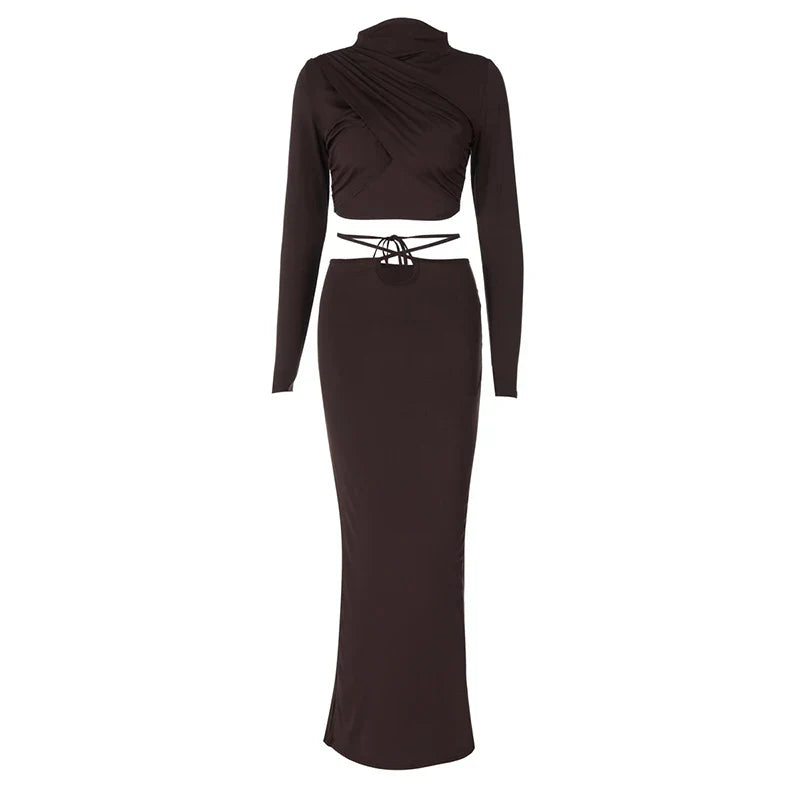 Two-piece set cross turtleneck top and maxi skirt with cross design at waist - Morena