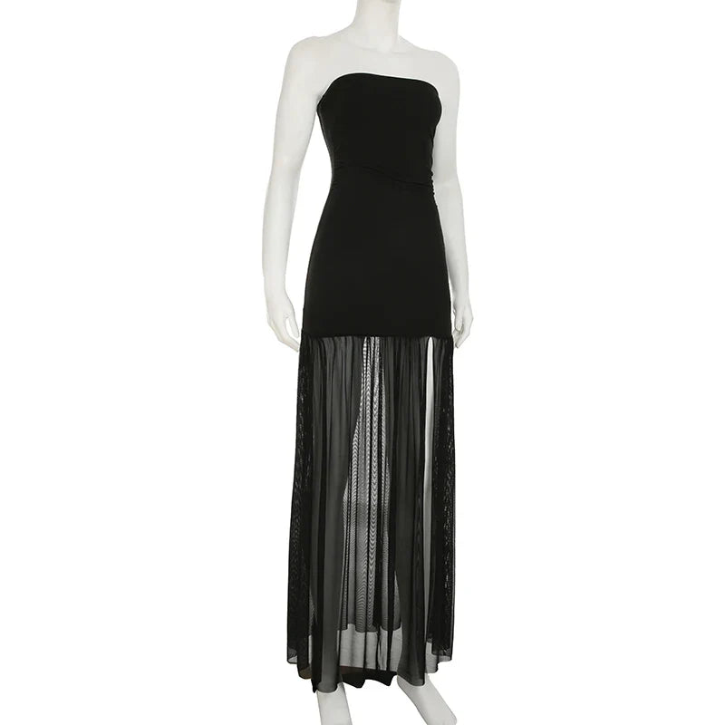 Strapless maxi dress with chiffon decoration and slit - Lettie