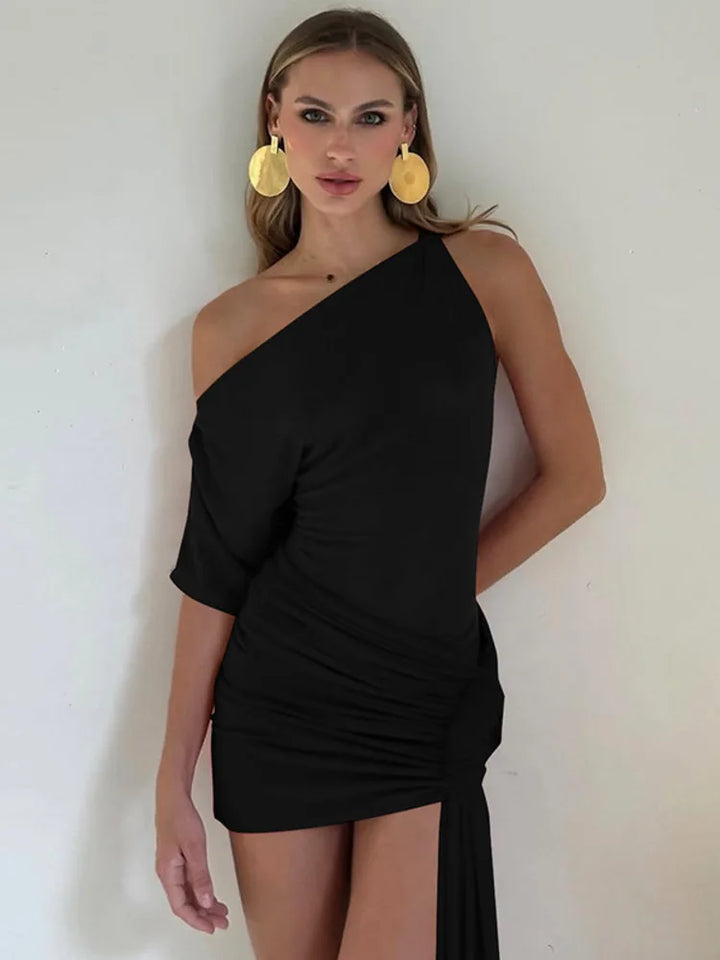 Mini dress with asymmetric design and train decoration - Nina