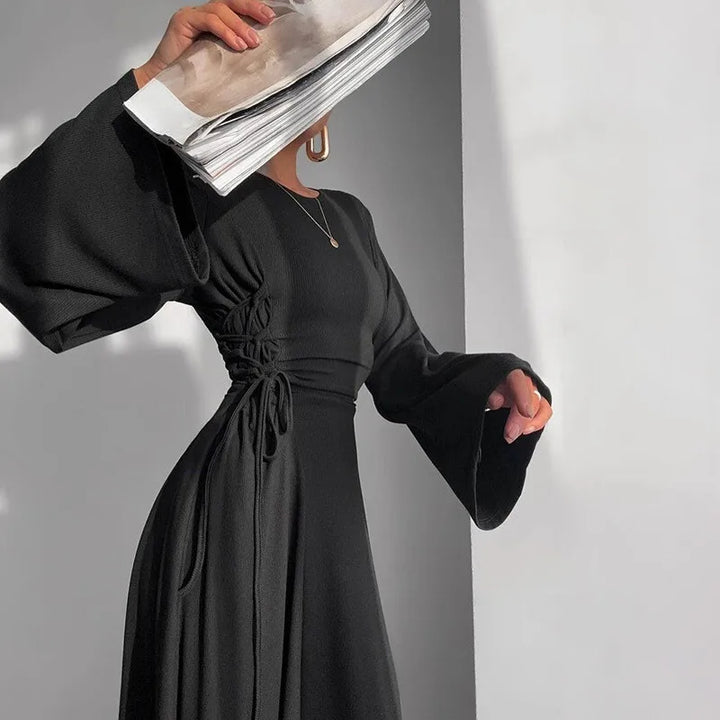 Modest knitted A-line maxi dress with waist ties - Liri