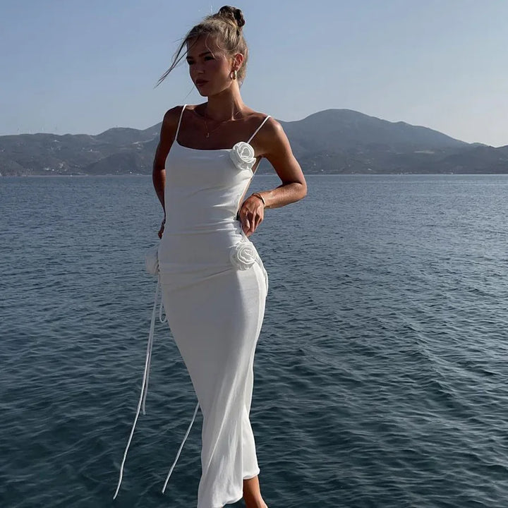 שמלת מידי אלגנטית גב פתוח בעיטור פרחים - אלנה