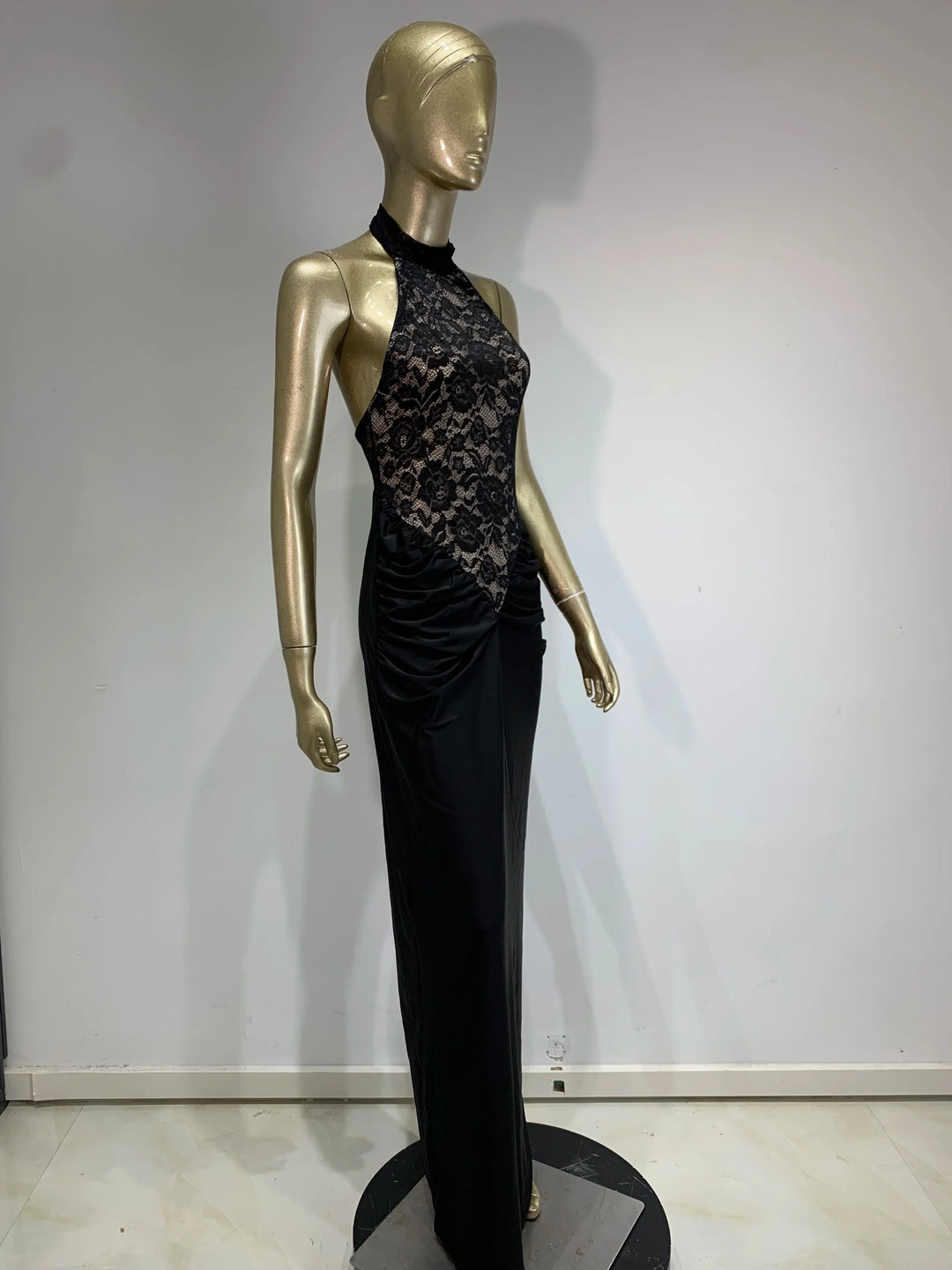 Maxi Dress with Ruching, Collar Cut, Opaque Lace Design, and Open Back - Elliana
