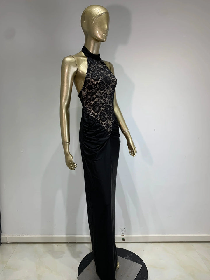 Maxi Dress with Ruching, Collar Cut, Opaque Lace Design, and Open Back - Elliana