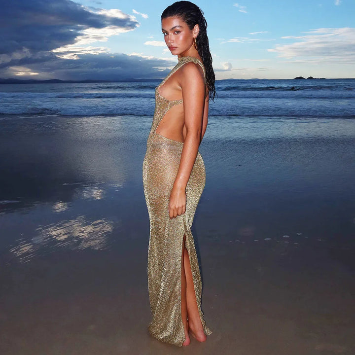 Fitted knitted sequin maxi dress with open back - Emerald