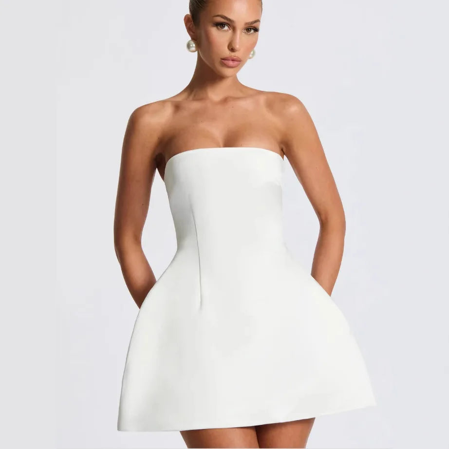 Satin mini dress in A-line cut with tie bow back detail for waist fit - Lilia