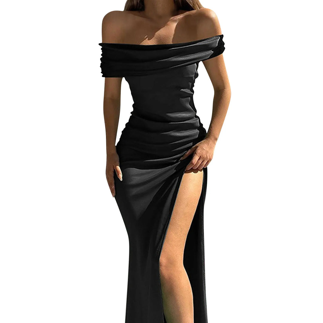 Maxi Satin Dress with Off-Shoulder Design and Slit - Harmoni