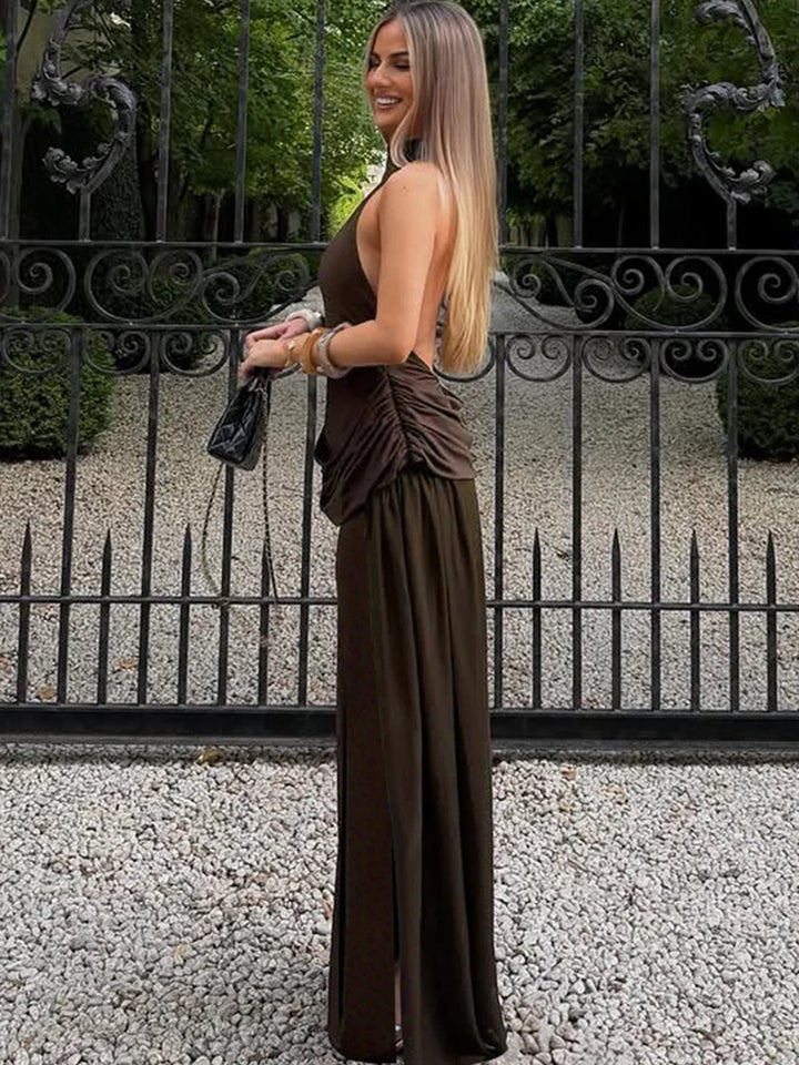 Maxi Dress with Collar, Open Back, Pleats, and Slit - Bianca