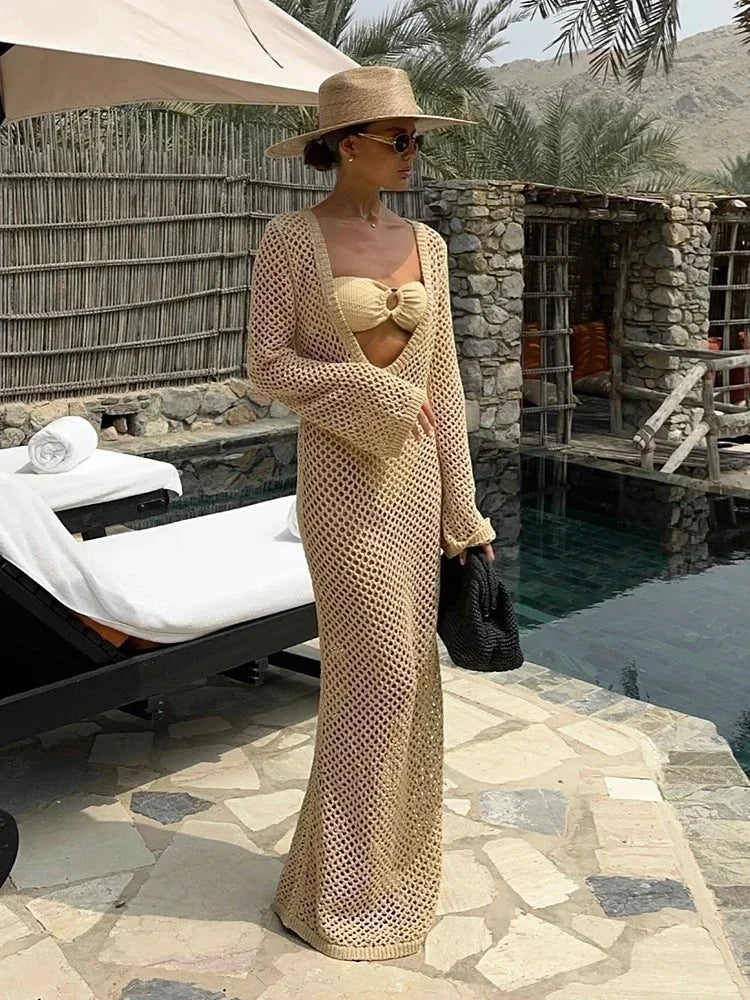 Mesh Maxi Beach Dress with Open Chest/Back - Amber