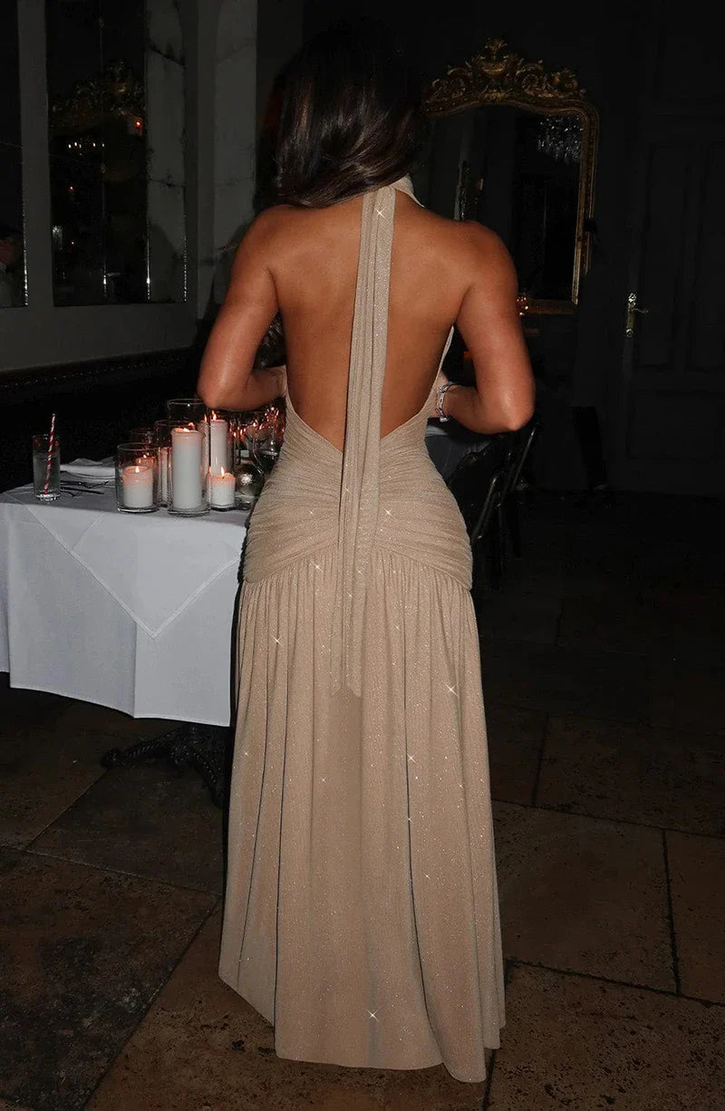 Glitter Maxi Dress with Slit, Deep V-Neck, Open Back, and Neck Tie - Emery