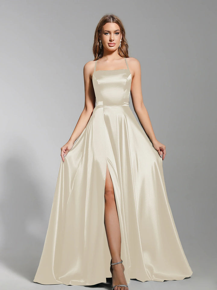 Elegant Maxi Satin Dress with Slit, A-Line Design, Back Tie - Prince