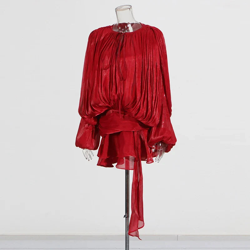 Ruched Mini Dress with Ruffle Detail, Shiny Chiffon Fabric - Lucille