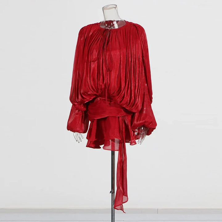Ruched Mini Dress with Ruffle Detail, Shiny Chiffon Fabric - Lucille
