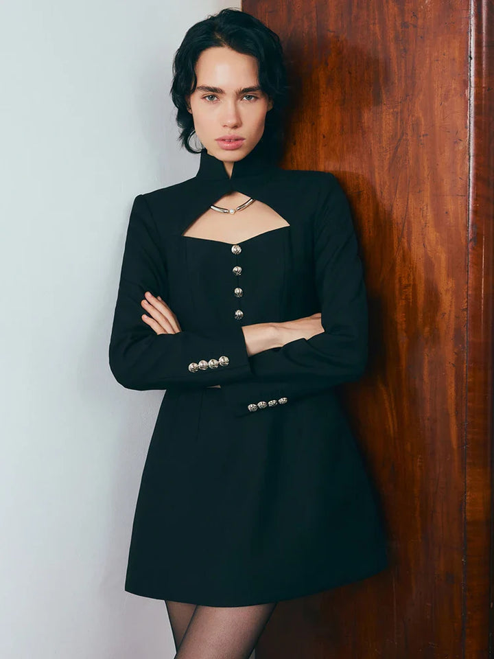 Fitted Mini Dress with Turtleneck and A-Line Cut with Button Decoration - Mary Line