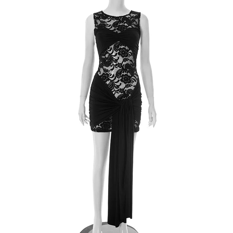 Lace mini dress decorated with trailing tie - Karin