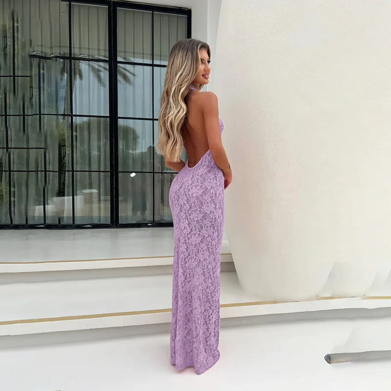 Lace Maxi Dress with Open Back and Draped Collar - Vanilia