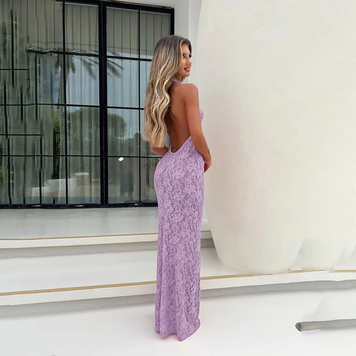 Lace Maxi Dress with Open Back and Draped Collar - Vanilia