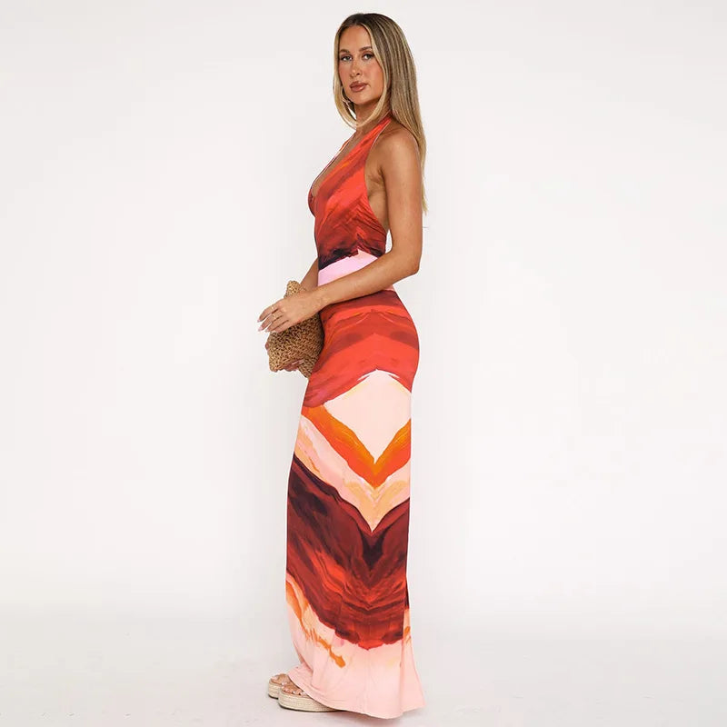 Maxi Dress with Colorful Print, Neck Tie, and Open Back - Chulia