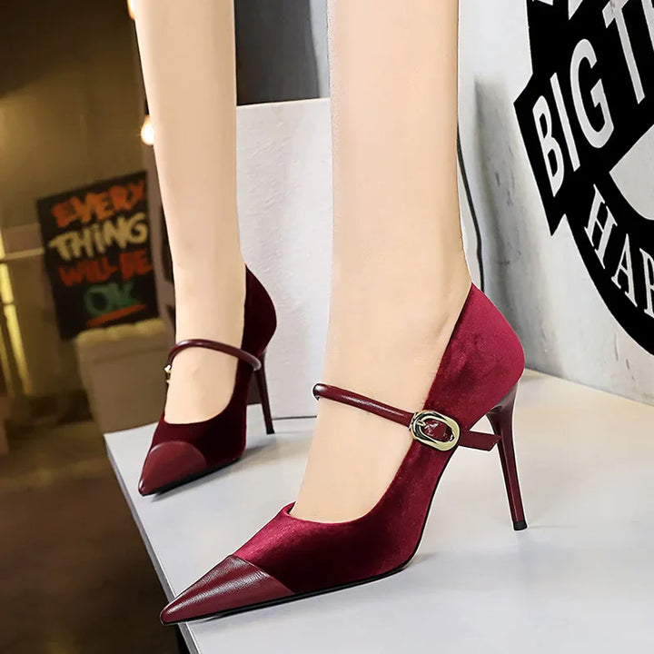 Pointed Heel Shoes with Velvet and Faux Leather Buckle Decoration - Mabel