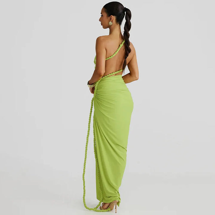 Maxi One-Shoulder Dress with Cutout and Slit, Braided Detail - Panama