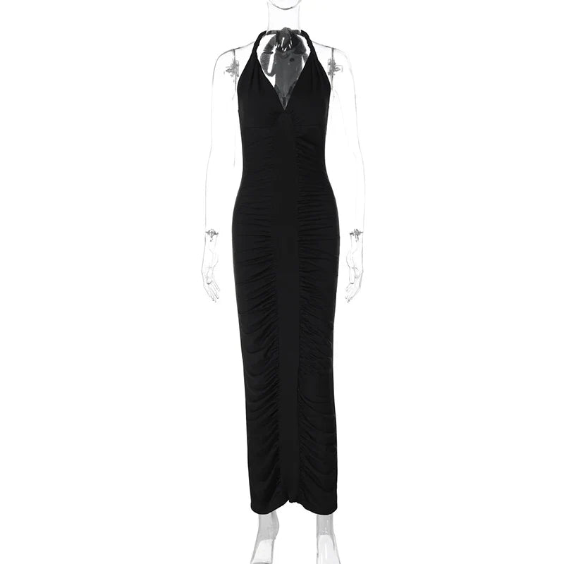 Maxi Dress with Ruching, Open Back, and Neck Tie - Lima