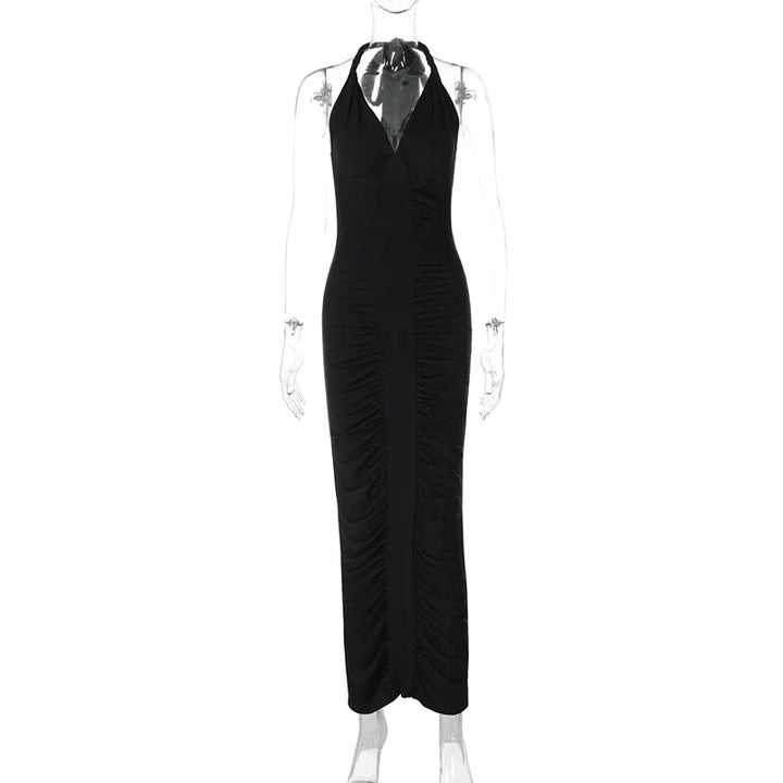 Maxi Dress with Ruching, Open Back, and Neck Tie - Lima