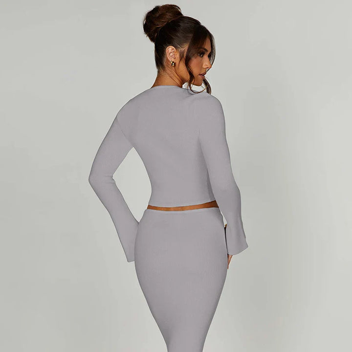 Knitted two-piece set: button-up shirt and fitted maxi skirt - MARIEL