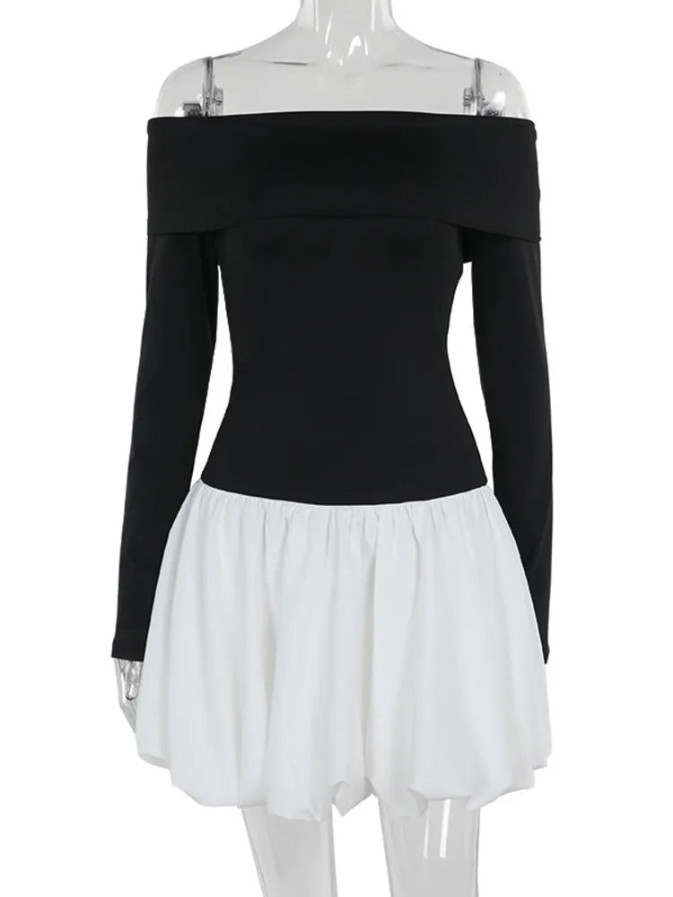 Monochrome balloon mini dress with bare shoulders - Lis
