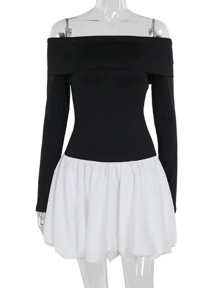 Monochrome balloon mini dress with bare shoulders - Lis