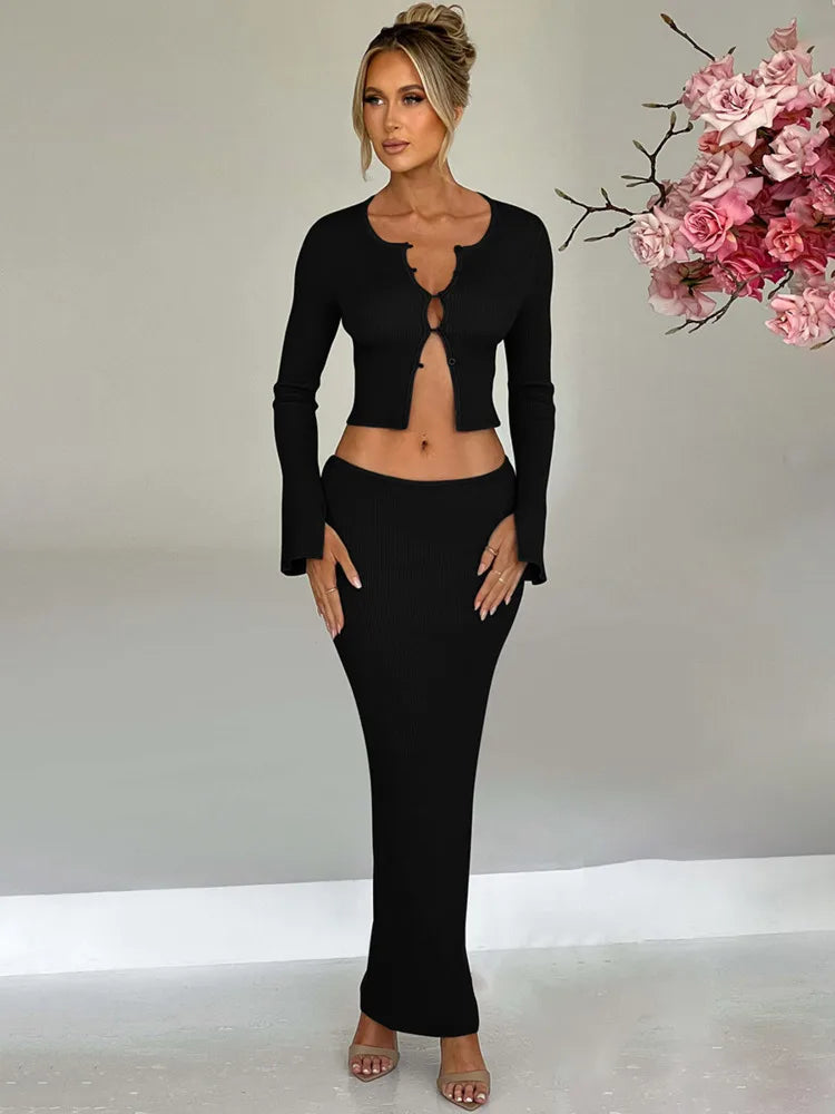 Knitted two-piece set: button-up shirt and fitted maxi skirt - MARIEL