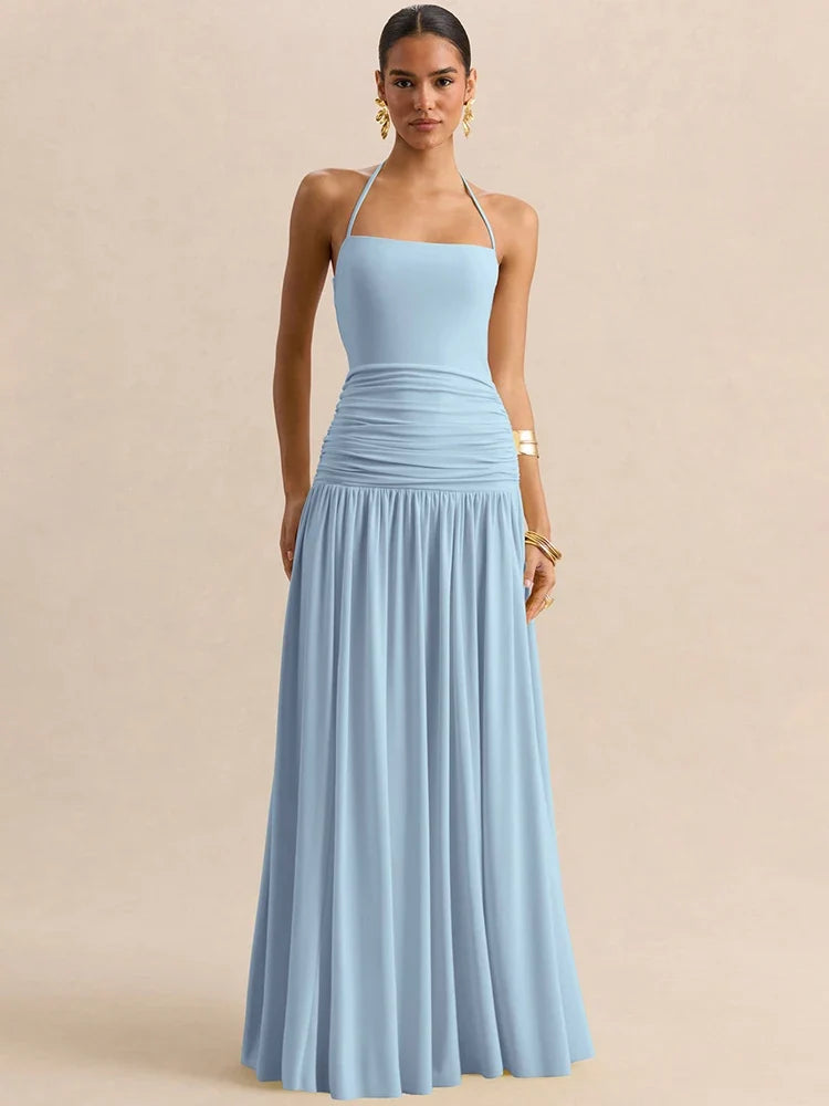 Pleated maxi dress with a neck tie and open back - Tuval