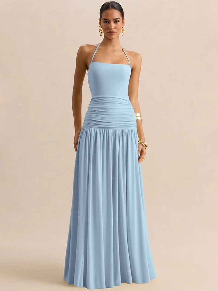 Pleated maxi dress with a neck tie and open back - Tuval