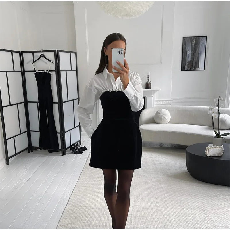 Velvet Mini Dress with Pearl Embellishment - Vera