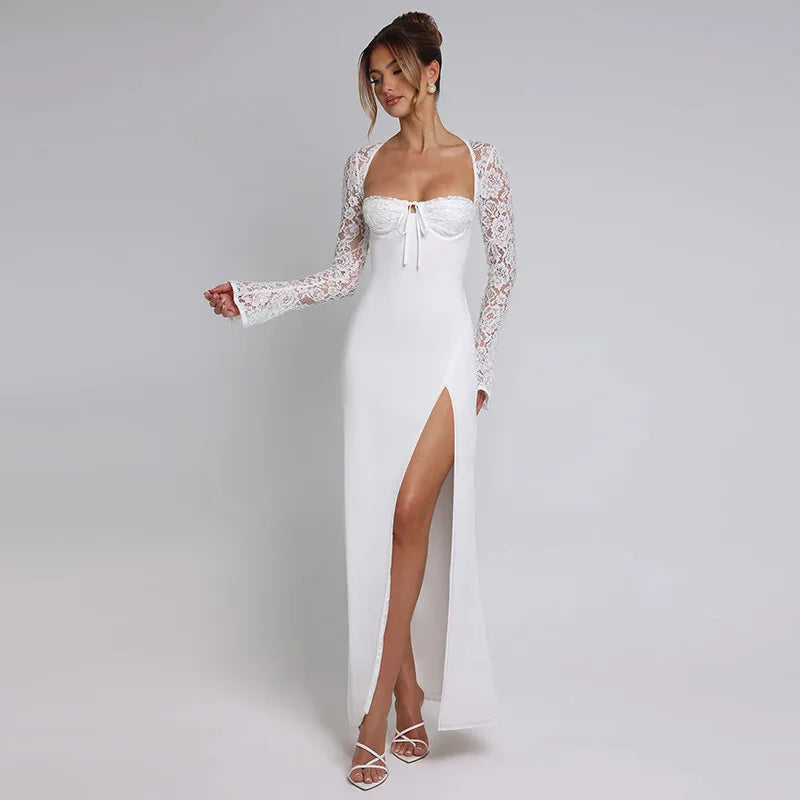 Maxi Dress with Slit and Lace Sleeves - Clarissa