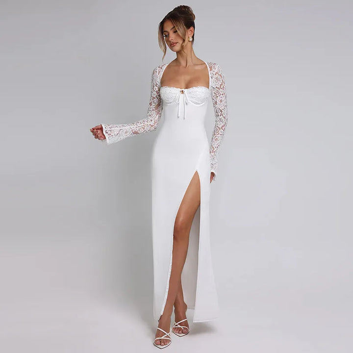 Maxi Dress with Slit and Lace Sleeves - Clarissa