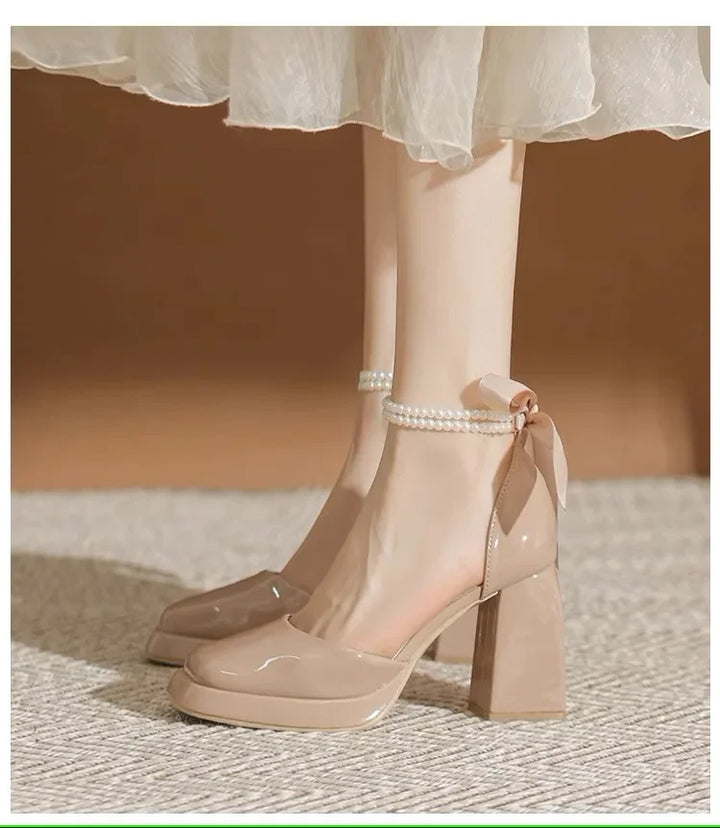 Shiny Faux Leather High Heels with Pearl and Bow Decoration - Vivian