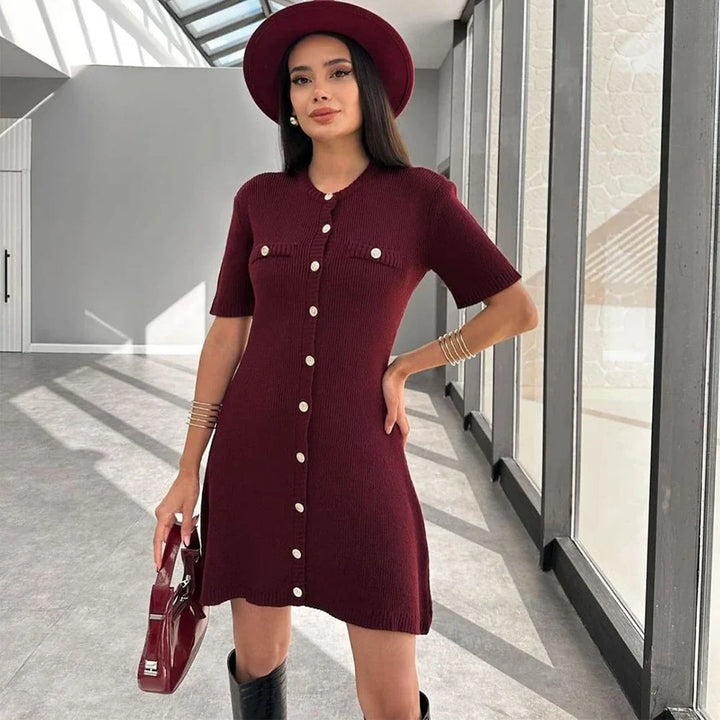 Knitted Mini Dress with Button Embellishment - Mary