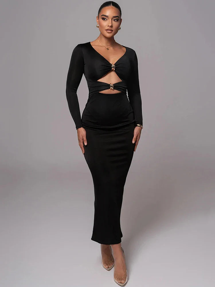 Fitted Shaping Fabric Maxi Dress with Cutouts and Buckles - Lauren