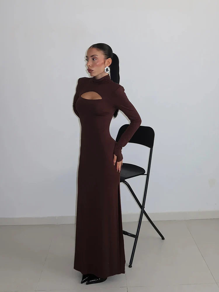 Elegant Maxi Dress with Slit Decoration and Turtleneck Collar - Eliana