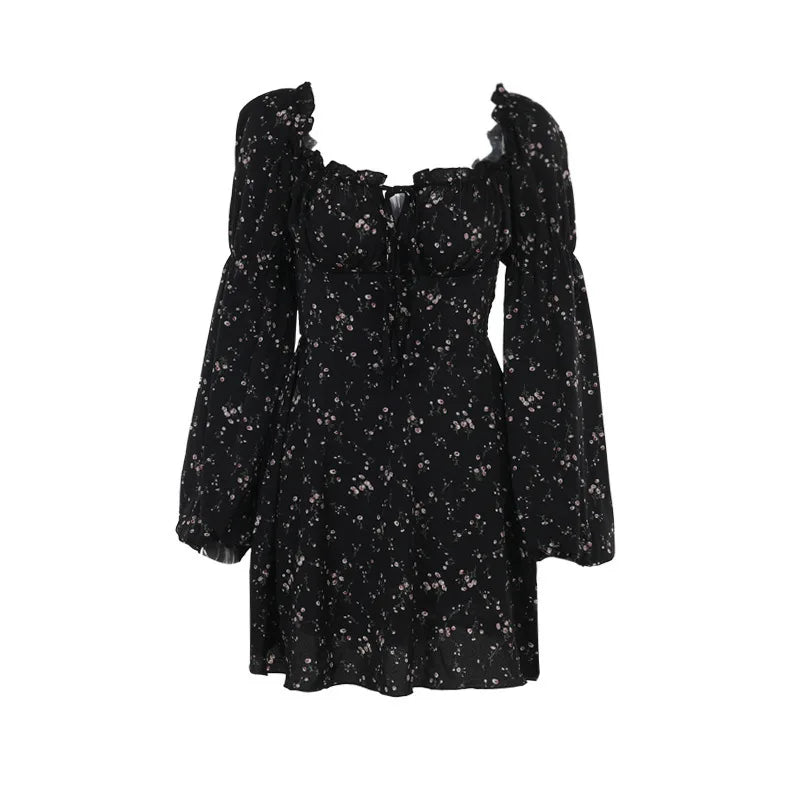 Floral ruffled mini dress with puff sleeves in a rustic style - Heidi