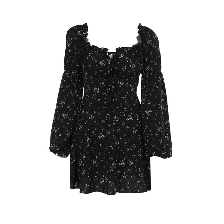 Floral ruffled mini dress with puff sleeves in a rustic style - Heidi
