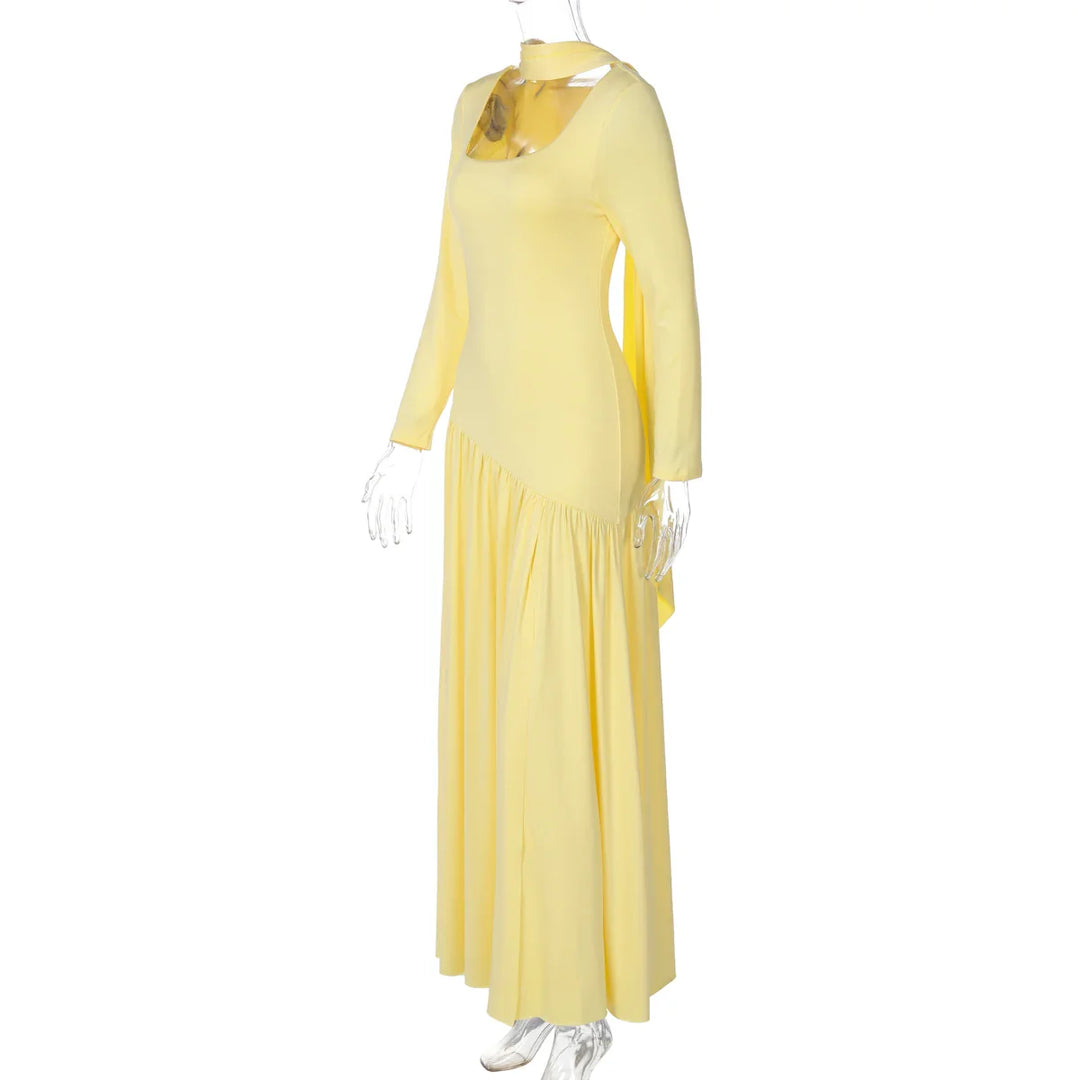 Elegant Maxi Dress with Slit and Scarf Decoration - RONA LI