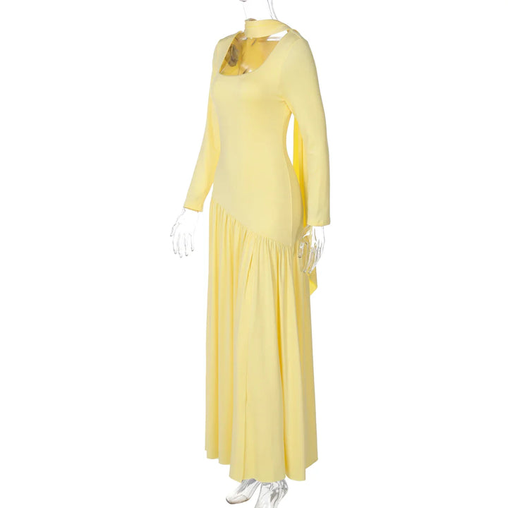 Elegant Maxi Dress with Slit and Scarf Decoration - RONA LI