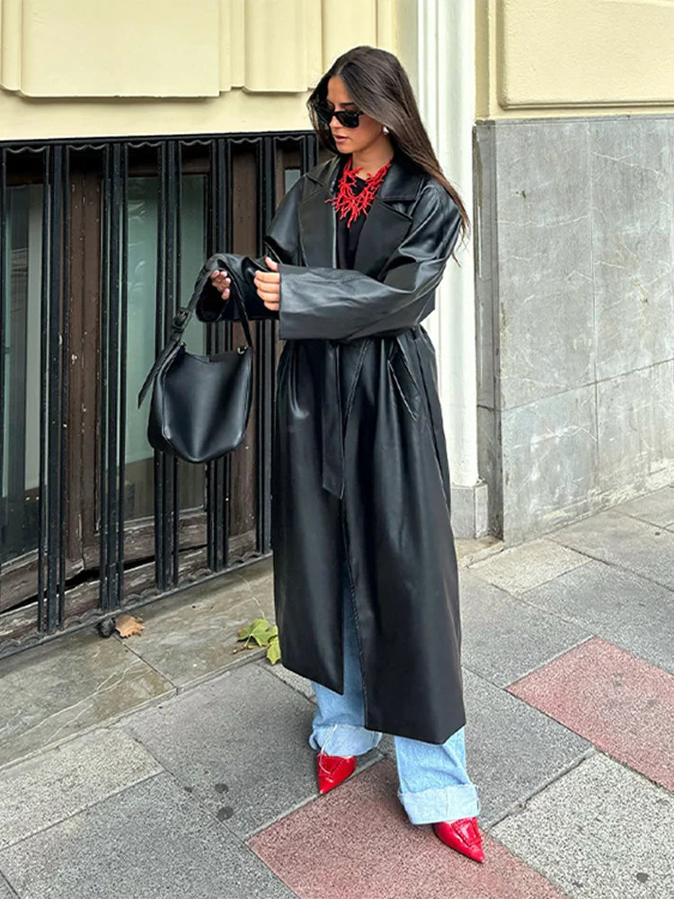 Long Leather Coat with Tie Belt - Sol