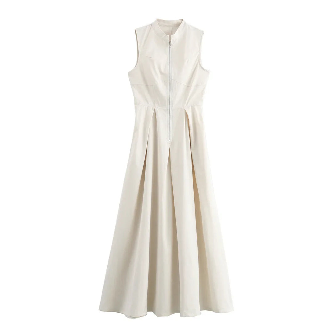 Tailored A-Line Maxi Dress with Front Zipper Closure - Adriana